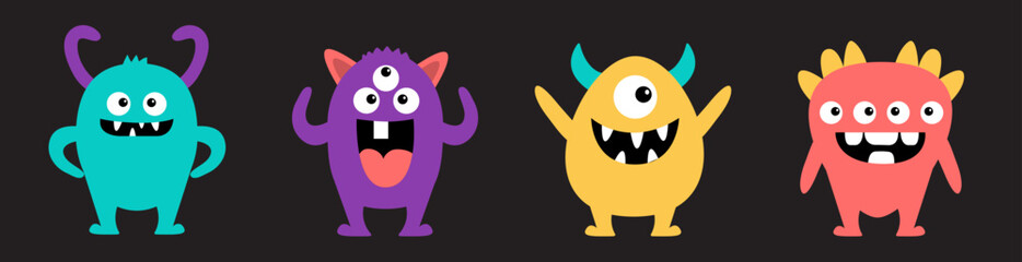 Cute monster set line. Happy Halloween. Colorful silhouette monsters. Cartoon kawaii funny boo character. Cute face with teeth, horns, eyes. Childish baby collection. Flat design. Black background. © worldofvector