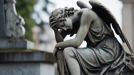 Background image for caption and fragment of sad winged angel statue - obrazy, fototapety, plakaty