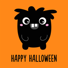 Happy Halloween. Monster. Cute head face with hair, teeth. Black silhouette monsters. Cartoon kawaii funny boo character. Childish baby collection. T-shirt design. Orange background. Flat design.