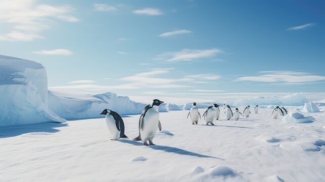A group of penguins walking on ice, AI generated Image