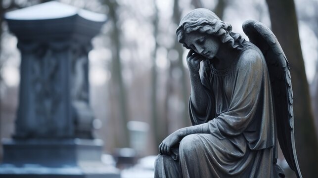 Background image for caption and fragment of sad winged angel statue