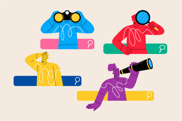 SEO concept. Search bars and people browsing online information. Colorful vector illustration