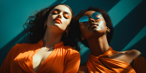 Obraz premium two orange dressed young dreaming women