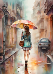 Watercolor rainy day background. Young woman with a colourful umbrella walking in the rain. Wet town street. Amazing digital illustration. CG Artwork Background
