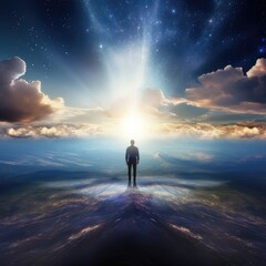 Fototapeta premium Ethereal Moment: Man Standing in the Heaven Sky