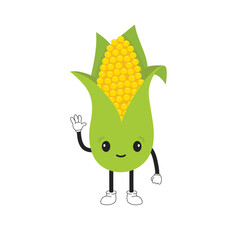Cartoon emoticon corn cob. Kawaii emoji smiling character on white background