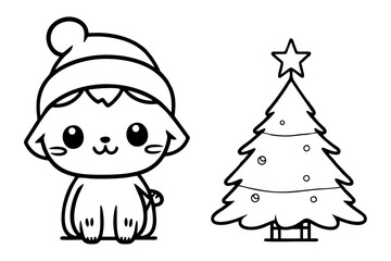 Christmas tree and kitten. Vector illustration