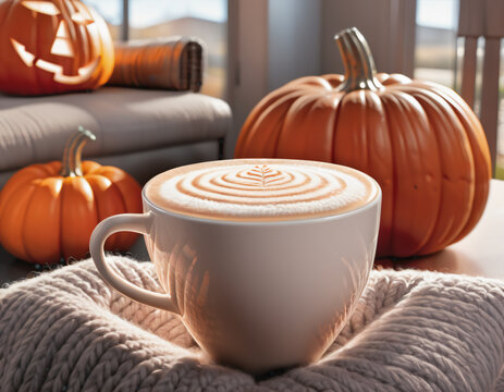 inviting close-up image of a pumpkin latte, capturing the cozy essence of autumn at home
