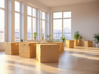Cardboard boxes in an empty room with windows
