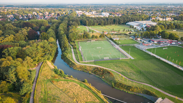 A bird's eye view of the soccer field.
