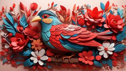 Fototapeta premium Elegance in 3D, A Captivating Abstract Background Illustration of Birds and Flowers