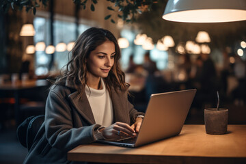 Young Woman Freelancer Working on Laptop at Café