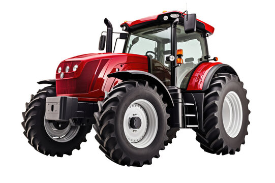 Isolated red modern agricultural tractor on a cutout PNG transparent background