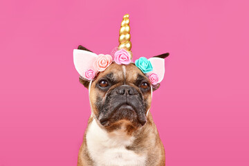 French Bulldog dog wearing unicorn costume headband with flowers and golden horn in front of pink background © Firn