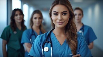 Beautiful young female doctor is looking at the camera and smiling - obrazy, fototapety, plakaty