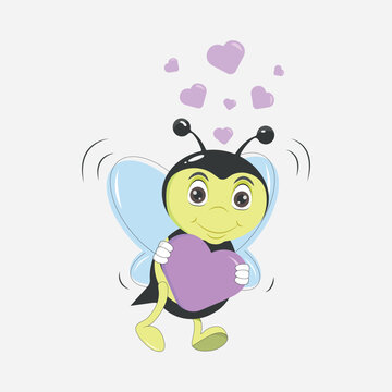 Graphic vector illustration of a bee in love with a heart in its hands on a gray background.