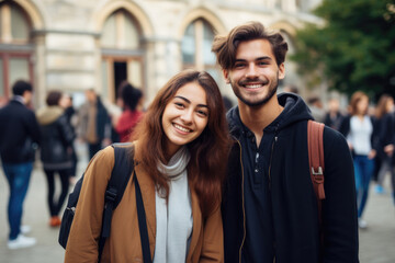 Concept of International Students' Day. Cute young students outdoor.