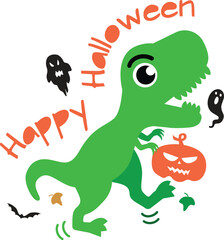 Cute green dinosaur t rex holding a pumpkin and roaring for Halloween party. Vector Illustrator