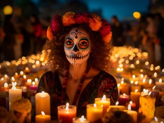 Dia de los Muertos (Day of the Dead) Vibrant Festive Scene with Sugar Skulls, Marigold Flowers, Candle-Lit Altars, and Painted Faces in a Parade