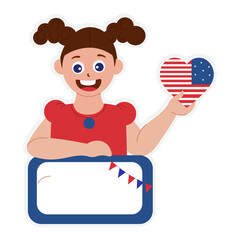 Isolated Sticker Illustration of American Flag Heart Showing Little Girl Support Blank Board.