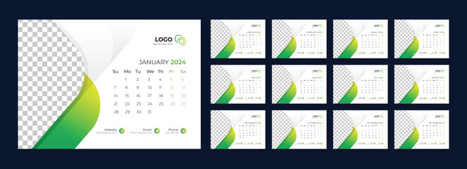 Desk Calendar Template 2024. Calendar 2024 planner corporate template design set. template for annual calendar 2024. Week starts on Sunday.