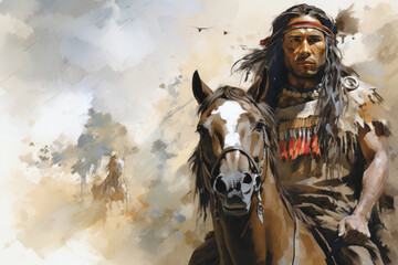 Native american man riding a horse in the wild west desert in watercolor, indigenous navajo indian in traditional cloth - obrazy, fototapety, plakaty