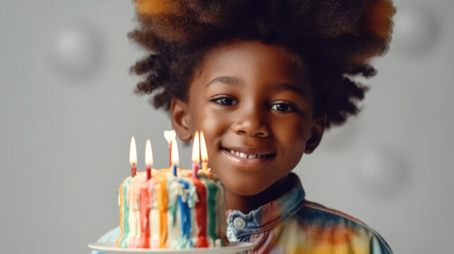 A joyful Afro child celebrates their birthday with a cake and candles. Generative AI