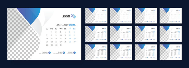 Desk Calendar Template 2024 Or Monthly Weekly Schedule New Year Calendar 2024 Design Template. Week starts on Sunday.