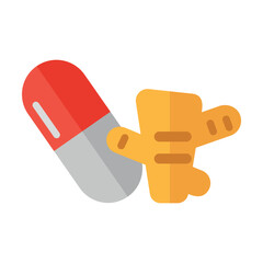 Tablet capsule with natural ingredients. Ginger root for treatment of diseases. Multicolored flat vector icon representing medicine items concept isolated on white background