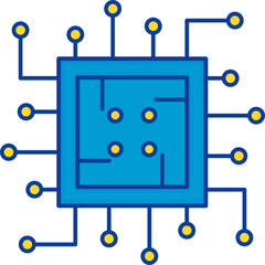 Blue And Yellow Microchip Icon In Flat Style.