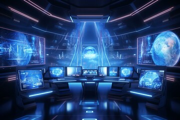 Futuristic room with computer screens. Concept of cyber security and advanced technology. Blue tones. Generative ai