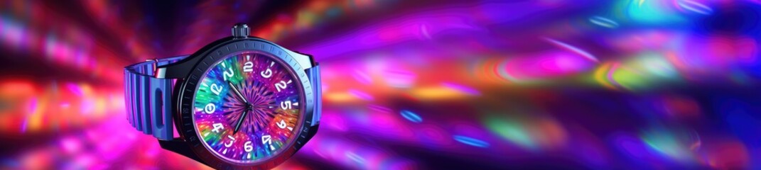 A Watch Background in the psychedelic super nova Style - Cosmic Dance Mirrored in a Psychedelic Super Nova Watch - Product Display with Empty Copy Space for Text created with Generative AI Technology