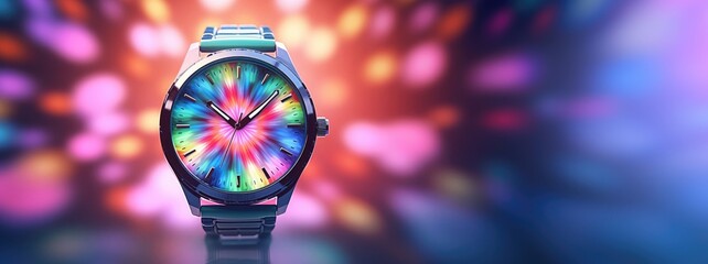 A Watch Background in the psychedelic super nova Style - Cosmic Dance Mirrored in a Psychedelic Super Nova Watch - Product Display with Empty Copy Space for Text created with Generative AI Technology - obrazy, fototapety, plakaty