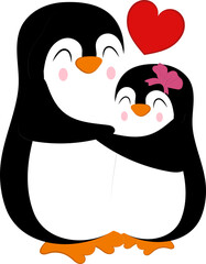 Cute Loving Penguin Couple Hugging With Heart On White Background.