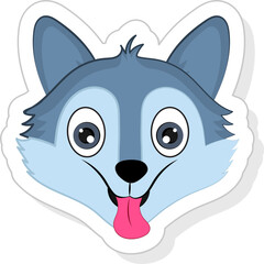 Sticker Style Blue Cute Wolf Face Against Pastel Olive Background.