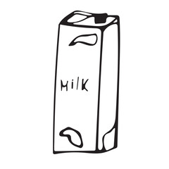 Vector black and white graphic doodle illustration of milk on a white background.