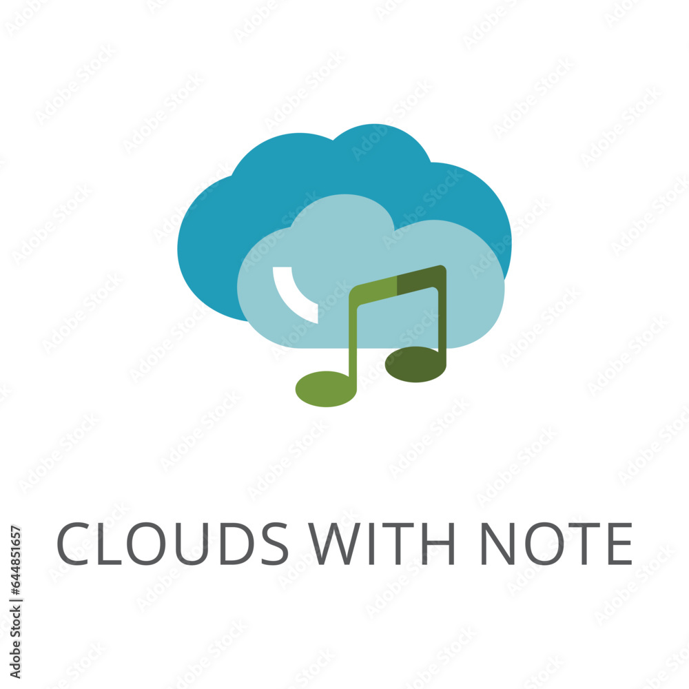 Poster clouds with note as music symbol for ui flat vector icon. cartoon drawing or illustration of symbol 