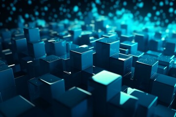 Creation of shiny blue cubes forming abstract 3D geometric background. Generative AI