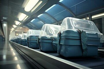 Baggage on airport conveyor for air travel. Generative AI