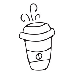 Vector black and white graphic doodle illustration of a coffee cup on a white background.