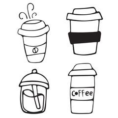 Vector black and white graphic doodle illustration of a coffee cup on a white background.