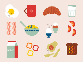 Breakfast food collection. Morning. Various tasty food and drinks. Egg, coffee, croissant, milk, cereals, vegetables, avocado, sandwich. Flat vector illustration. Isolated elements.restaurant; tea; bo - 644851837