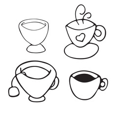 Vector black and white graphic doodle illustration of a cups on a white background.