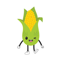 Cartoon emoticon corn cob winks. Kawaii emoji character. 