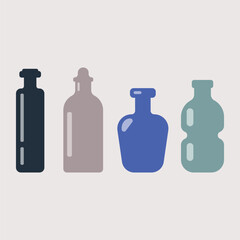 Graphic vector illustration of bottles of different shapes and colors on a beige background