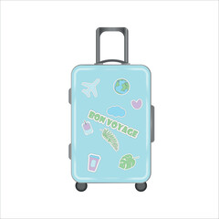 Blue suitcase on wheels with stickers, vector illustration.