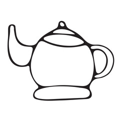 Vector black and white graphic doodle illustration of a teapot on a white background.