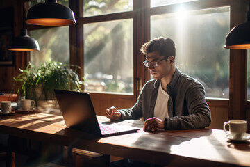 Obraz premium Digital Nomad: Young Freelancer Engrossed in Laptop Work at Café