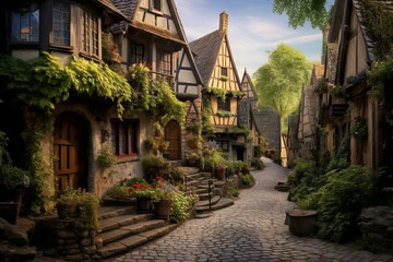 Fototapeta na wymiar A charming medieval village with picturesque quaint houses. Generative AI