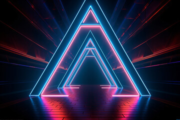 Neon light abstract background. Triangle tunnel or corridor tropical color neon glowing lights. Laser line and LED technology create glow in dark room. Cyber club neon light stage room.